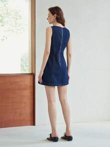 MOTF PREMIUM WOMEN'S SLEEVELESS FITTED SHORT DENIM DRESS, FASHIONABLE FOR SPRING AND SUMMER - Navy Blue - View 3