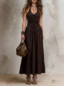 Solivie Đầm cổ yếm phong cách Bohemian lãng mạn dành cho nữ, màu cà phê. - Cà phê - Xem 5