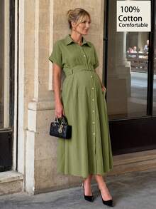 MaterniWear 孕妇休闲纯色单排扣腰带连衣裙 - 綠色 - 查看 1