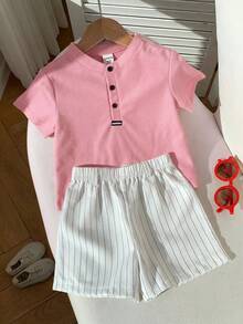 SHEIN 男婴夏季休闲红色领polo衫和白色条纹短裤两件套，适合生日派对、锐舞派对、晚宴、演出、婚礼、迎婴派对和一周岁生日庆祝活动。 - 藕粉色 - 查看 4