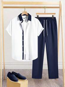 Manfinity Homme Bộ vest nam tay ngắn phối màu tương phản và quần dài, kiểu dáng thường ngày. - Nhiều màu - Xem 3