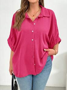 Shapeblank Kemeja Kancing Wanita Ukuran Besar Warna Pink Cerah, Blus Kerja Kasual Cerdas Musim Panas Sehari-hari, Atasan Guru Longgar dan Nyaman, Gaya Musim Semi Dasar yang Sederhana dan Serbaguna - Hot Pink - View 4