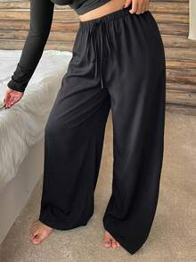 Dazy Plus Elastic Waist Loose Drawstring Straight Leg Sleepwear Bottoms, Plus Size Women Solid Color Pajamas - Black - View 2