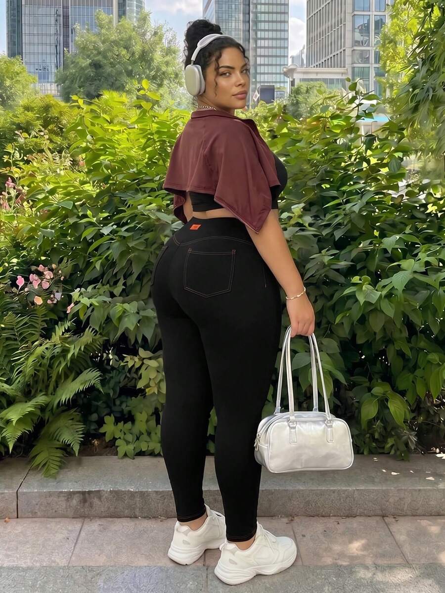 SHEIN CURVE+ 夏季大码女式黑色打底裤 - 黑色 - 查看 1