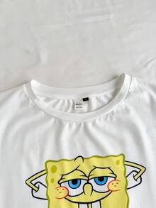SpongeBob SquarePants | SHEIN Women's Cute Cartoon Letter Print Short Sleeve T-Shirt And Shorts Pajama Set, Summer - Hot Pink - View 3
