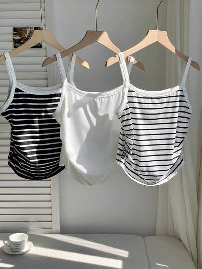 Tseoso 3pcs Women's Colorblock Striped Sleeveless Crop Top, Nautical Style, Sexy & Minimalist, Suitable For Summer, Vacation, Beach, Graduation, Daily Commute, Dating, Party, Christmas, New Year, Thanksgiving, Party, Wedding, Beach, Graduation Ceremony, Fashion, Elegant, Casual, Outing, Dating, Booking, Commuting, Shiny, Valentine's Day, Elegant, Vacation, Casual, Y2K, Outing, Graduation Ceremony