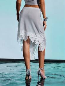Femmeiva Solid Color Elastic Waist Asymmetrical Hem Sexy Lace Skirt For Women Party Gray Summer - Silver - View 8