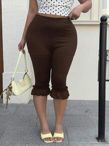 SHEIN CURVE+ 大尺碼女款素色荷葉邊下擺七分內搭褲 - 棕色 - 查看 5