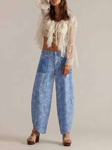 Bohemela Women's Casual Vacation & Commute Paisley Print Patchwork Pocket Loose Straight Leg Pants - Blue - View 2