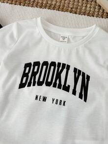SHEIN 2件/套 小男孩柔軟舒適休閒套裝，包含字母印花圓領短袖T恤和格紋寬鬆長褲，適合居家、外出、春夏季 - 彩色 - 查看 7