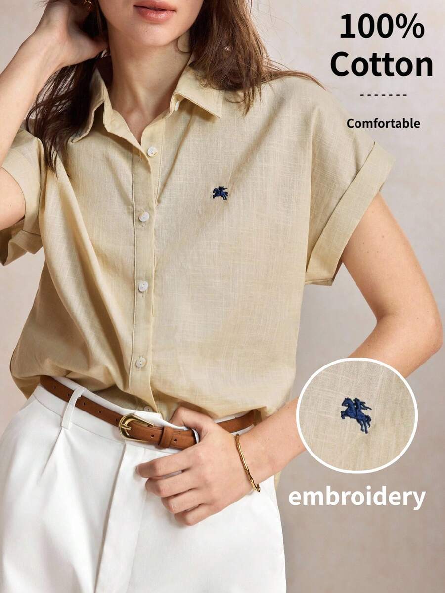 BizChic 刺繡襯衫,優雅法式復古商務通勤約會日常度假辦公顯瘦百搭夏季秋季萬聖節開學派對生日婚禮賓客教堂特殊場合出遊海灘聚會社交假期購物下午茶旅行正式度假風隨性極簡 - 白色 - 查看 1