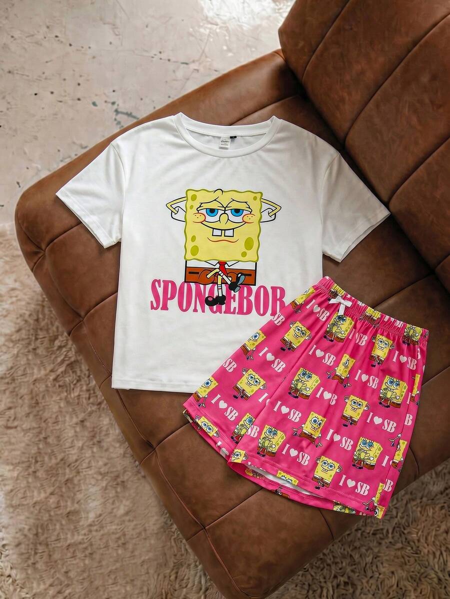SpongeBob SquarePants | SHEIN Women's Cute Cartoon Letter Print Short Sleeve T-Shirt And Shorts Pajama Set, Summer - Hot Pink - View 1