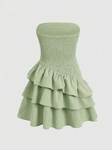 SHEIN Girlism Tween Girl/Tween Girls' Summer Casual Vacation Minimalist Comfortable Layered Ruffle Trim Tube Top Dress - Green - View 2