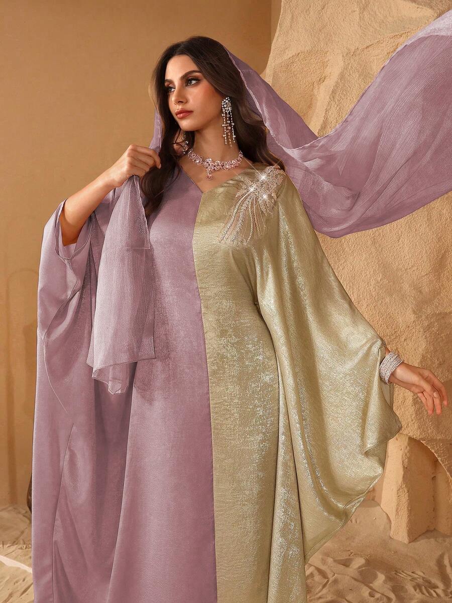 Al Najma Middle Eastern Style Elegant Batwing Sleeve Patchwork Jacquard Dubai Turkey Abaya Dress, Slimming - Baby Pink - View 1