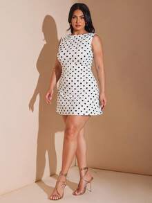 SHEIN BAE Damen Große Größen Schwarz & Weiß Polka Punkt Ärmellos Kurz lässig Kleid, Damen Große Größen Weiß Polka Punkt Ärmellos Mini Kleid Rundhalsausschnitt Sommer Urlaub Party Süßes Damen Große Größen Weiß Schwarz Polka Punkt Mini Kleid Ärmellos Boot Ausschnitt lässig Sommer Stil Damen Große Größen Polka Punkt Ärmellos Mini Kleid Boot Ausschnitt Slim Fit A-Linie Sommer lässig - Verschiedenfarbig - Übersicht 4