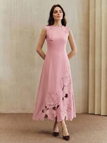Anewsta Vestido elegante de mujer con bordado calado y ajustado sin mangas, adecuado para eventos formales, fiestas, elegante, trabajo, graduación, boda, rojo - Rosa Pálido - Ver 4