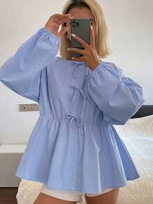 DAZY Women's Bow Tie Collar Loose Fit Blouse - Blue - View 8