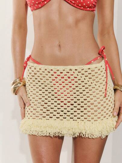 Aralina Vacation Festival Cover Up Knitted Fringe Mini Skirt Body Con Fitted Sexy Beachwear Yellow Spring Summer Beachwear Swim