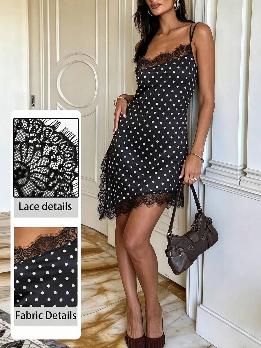 SHEIN Women's Black And White Polka Dot Lace Patchwork Asymmetric Hem Dress None, Date Night Summer Sexy - Black - View 1
