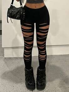 SHEIN ICON Women's Solid Color Ripped Casual Sexy Versatile Daily Wear Leggings Night Black Summer - Black - View 5