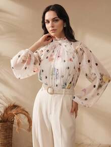 Anewsta Áo kiểu nữ tay phồng xếp ly phía trước, chất liệu xuyên thấu, thanh lịch, mềm mại, phong cách thành thị hiện đại, đa năng, họa tiết chấm bi và hoa, thích hợp cho mùa xuân/hè. - Màu be - Xem 5