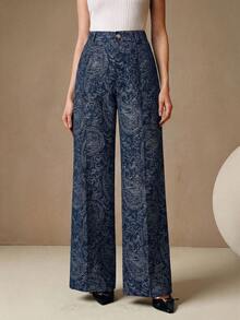 Anewsta Modern Design Digital Print Casual Blue Pants, High Waist Loose Slimming Straight Leg Trousers For Women, Spring/Autumn New Arrival - Blue - View 7