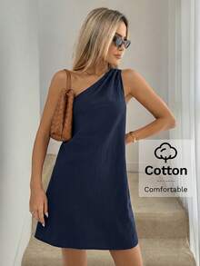 Easowa Vestido Casual Curto Feminino de Cor Sólida com Gola Assimétrica e Sem Mangas, Verão - Azul Marinho - Visão 3