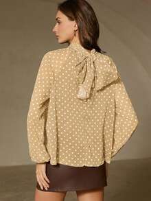 BELROSIE Camisa de manga larga con cuello alto y puños con lazo, con forro a lunares - Amarillo - Ver 2