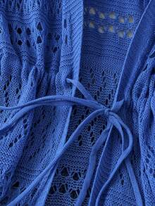 DreamSkyne Cardigan Rajut Jaring Bertali Serut dan Pita untuk Wanita Ukuran Besar, Warna Polos, Gaya Pantai, Resor, Romantis, Pakaian Barat - Royal Blue - View 4