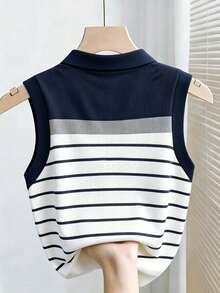 Franclia Plus Size Women Contrast Stripe Print Casual Tank Top - Multicolor - View 2