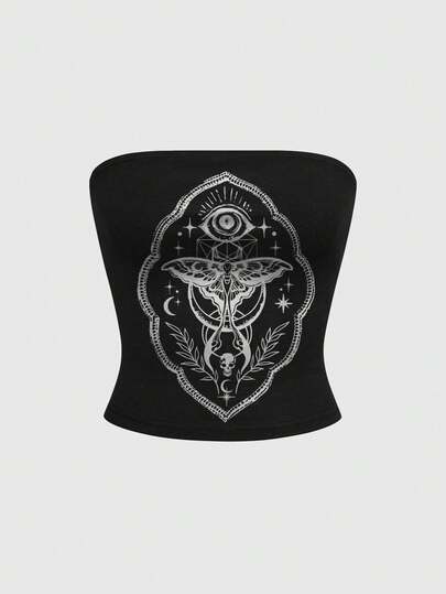 ROMWE Áo ống in hình đầu lâu bướm đêm mắt đen kiểu Gothic, cây bí ẩn, mặt trời, mặt trăng và sao.