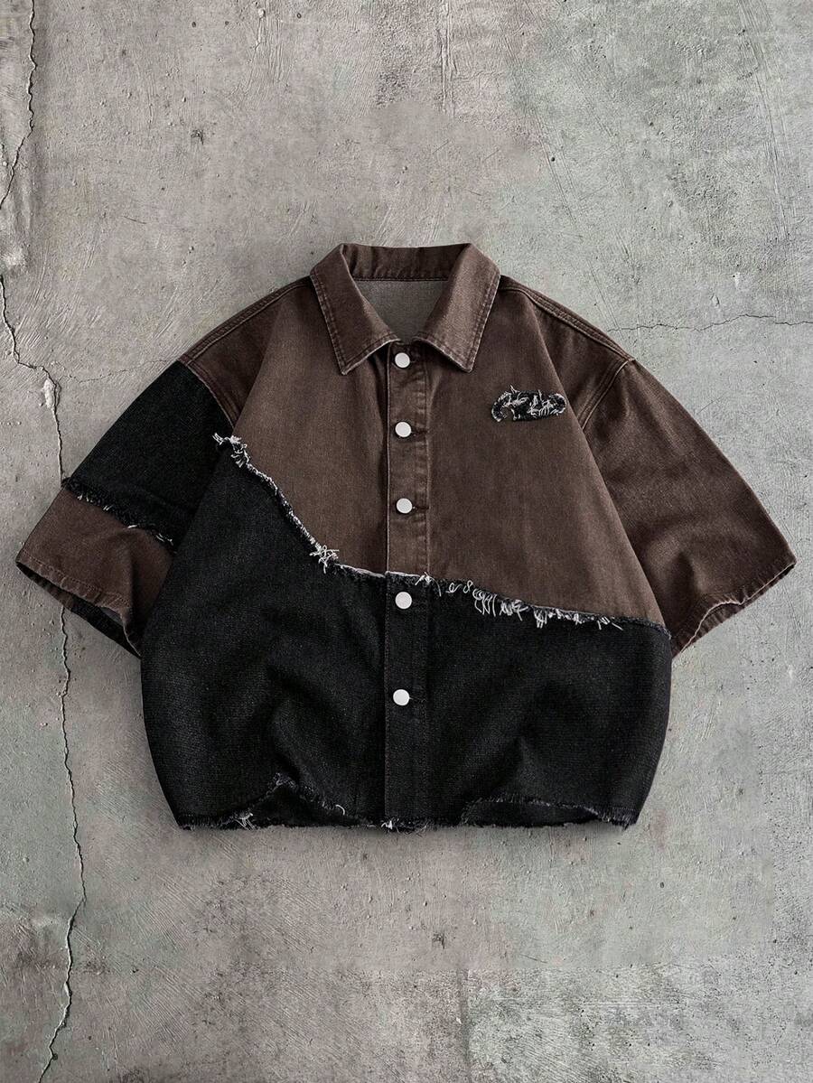 AXEPEAK Camisa de manga corta con parches, contraste de colores, lavado, deshilachado y bordado - Marrón - Ver 1