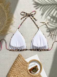 SHEIN Swim Curve 大码性感度假沙滩豹纹花卉印花吊带三角上衣 - 彩色 - 查看 2