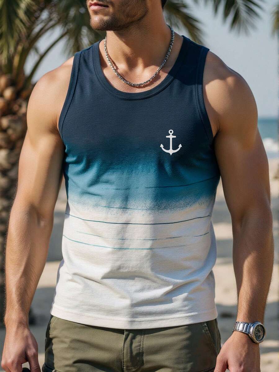 Solurane Áo ba lỗ nam mặc thường ngày đi biển nghỉ dưỡng, họa tiết kẻ sọc gradient màu xanh navy - Màu xanh hải quân - Xem 1