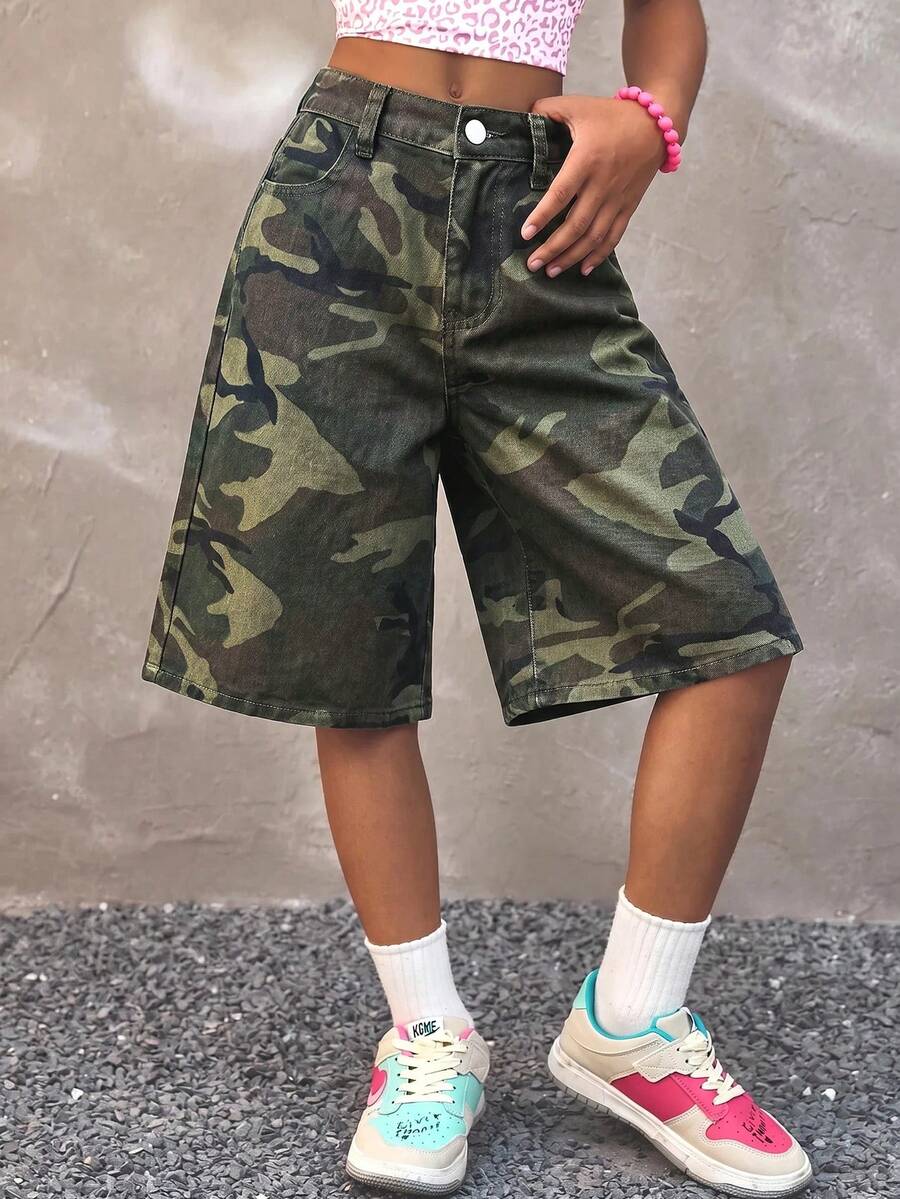 SHEIN 少女迷彩牛仔宽松短裤 - 軍綠色 - 查看 1