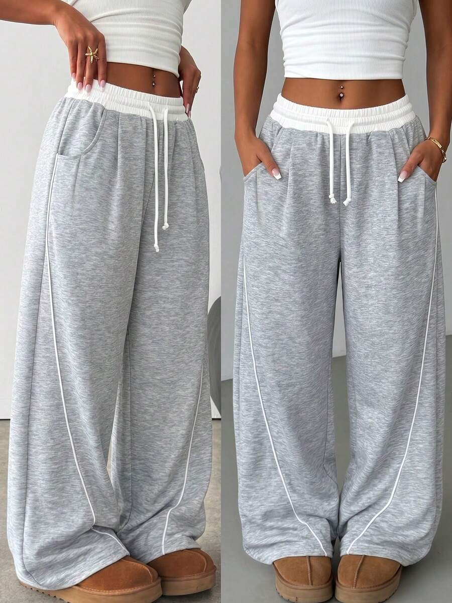 SHEIN Pantalones de chándal relajados con cordón de bloqueo de color gris jaspeado y blanco para adolescentes - Gris - Ver 1