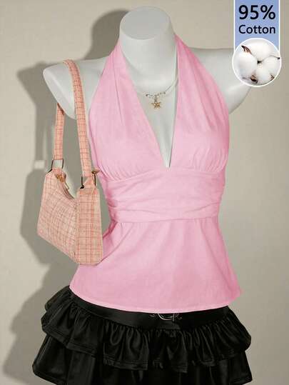 SHEIN ICON قميص كامي بياقة على شكل V عميقة وظهر مكشوف وربطة خصر على شكل A، قطن بنسبة 95%، لون وردي