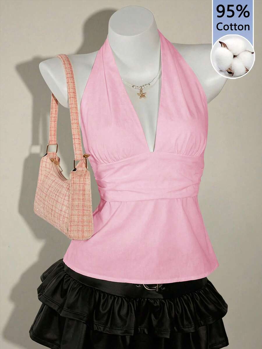 SHEIN ICON 95%纯棉深V领露背系带A字吊带背心,粉色 - 粉色 - 查看 1