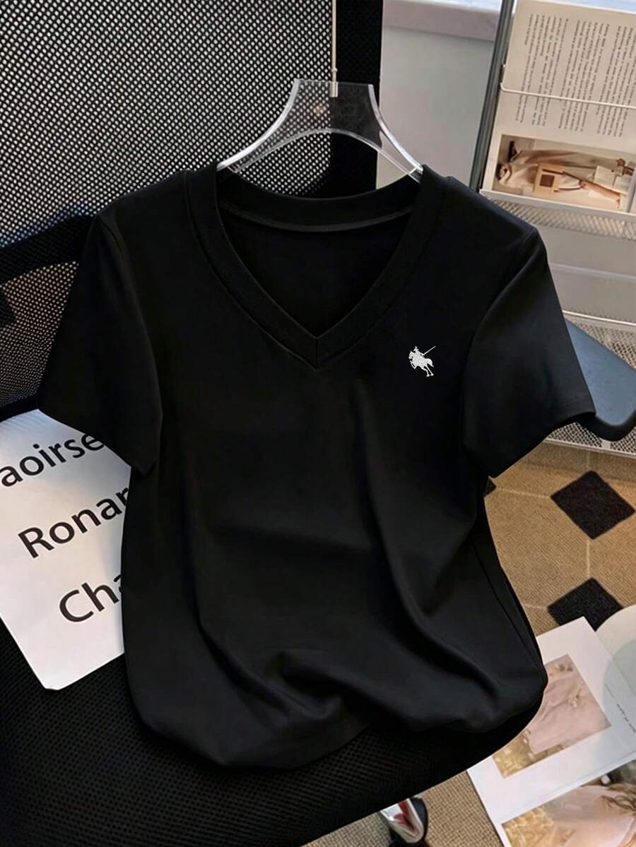 Resyla Women's Casual Daily Commute Minimalist Versatile Knight Embroidery Short Sleeve Black T-Shirt, Summer - Black - View 1