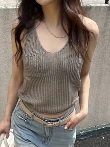 DAZY Women's Casual Vacation Minimalist Solid Color Cropped Knit Top, Summer - Khaki - View 8