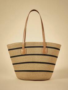 Travachic 1 Straw Hat + 1 Straw Bag, Vacation Casual - Khaki Wide Stripe - View 1