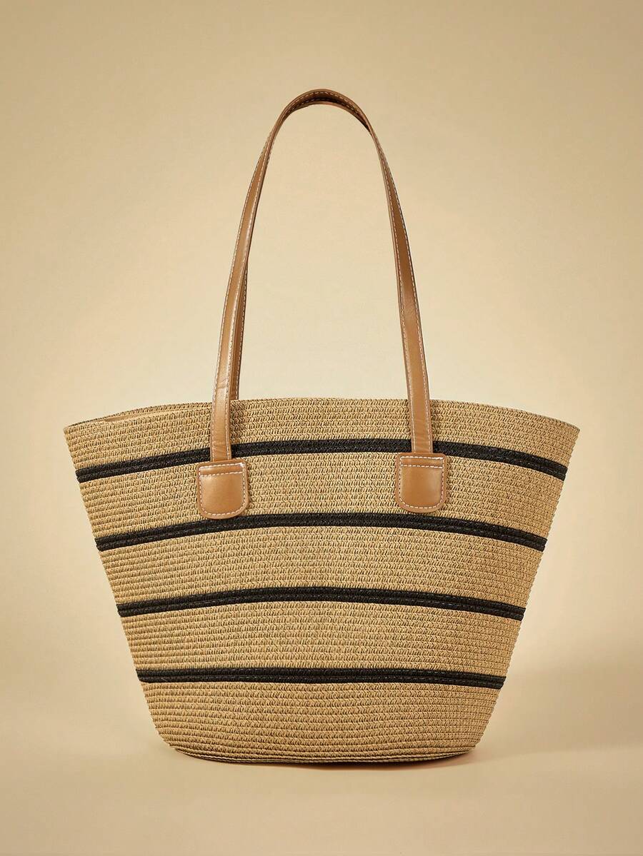 Travachic 1 Straw Hat + 1 Straw Bag, Vacation Casual - Khaki Wide Stripe - View 1