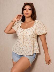 Elaquor Plus Size Women Pink Floral Front Tie Short Puff Sleeve Blouse Vacation Summer Boho - Pink - View 6