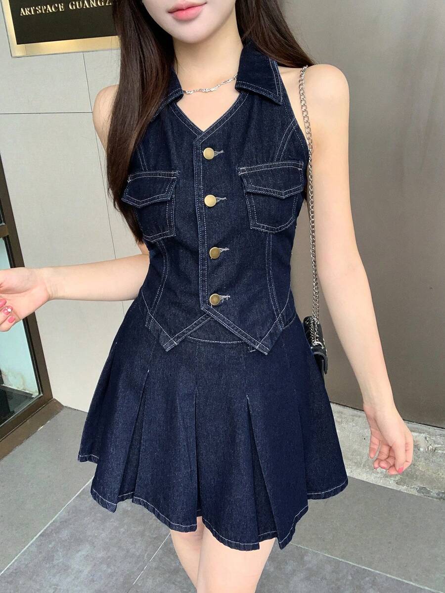 DAZY 女士无袖露脐上衣和百褶裙牛仔套装,春夏款 - 藍色 - 查看 1