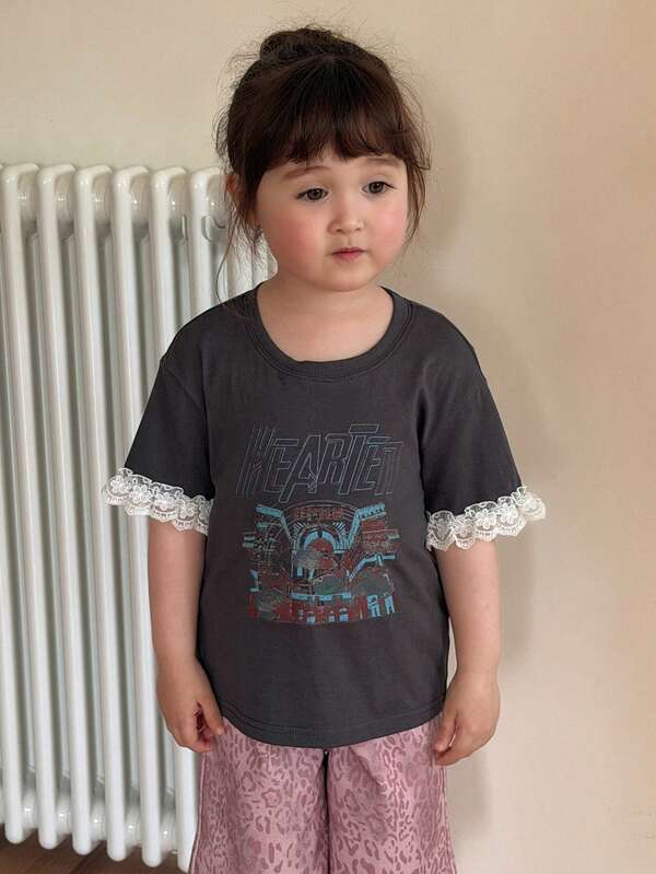 DAZY Top printemps/été style coréen pour bébé/tout-petit fille, col rond, patchwork en dentelle
