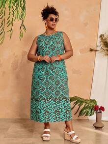 EMERY ROSE Women's Plus Size Brown Floral Print Round Neck Sleeveless Dress,Boho Summer Vacation Holiday Beach Outfits,Spring Casual Country Style Clothing - Multicolor - View 5