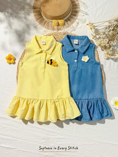 Cozy Pixies Bộ 2 món cho bé gái, kiểu dáng thường ngày, họa tiết ong và hoa dễ thương, kẻ sọc, cài cúc phía trước, không tay, dáng chữ A, phối bèo nhún.