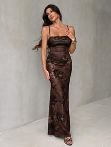 SHEIN Tall Elegant Sexy Dark Brown Floral Summer Holiday Vacation Maxi Dress, Women's Backless Tie-Neck Retro Watercolor Print Dress For Party Night Out, Beach - Rust Brown - View 3