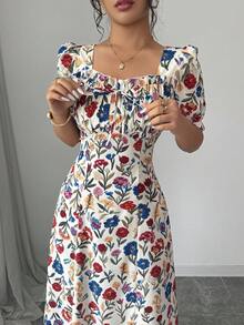 Rafferiza Women's Elegant Floral Print Square Neck Dress, Ruffle Trim, Ruffle Sleeves, Suitable For Spring, Summer, Autumn Short Dress - Multicolor - View 6