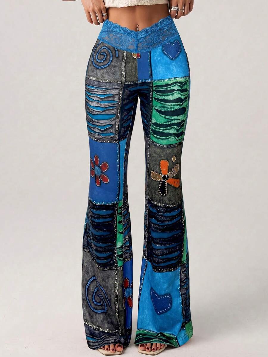 SHEIN ICON Pantalones acampanados de mujer con estampado vintage y bloques de color de ultra baja cintura - Azul - Ver 1